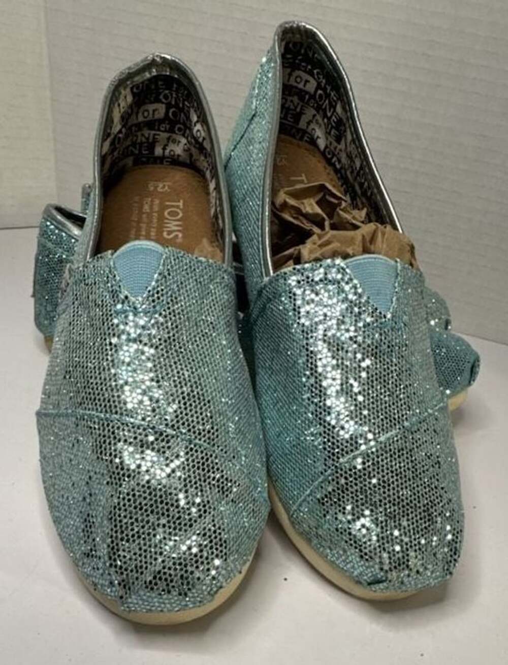 TOMS Youth Y 2.5 Turquoise Glitter Classic Slip-On Shoes